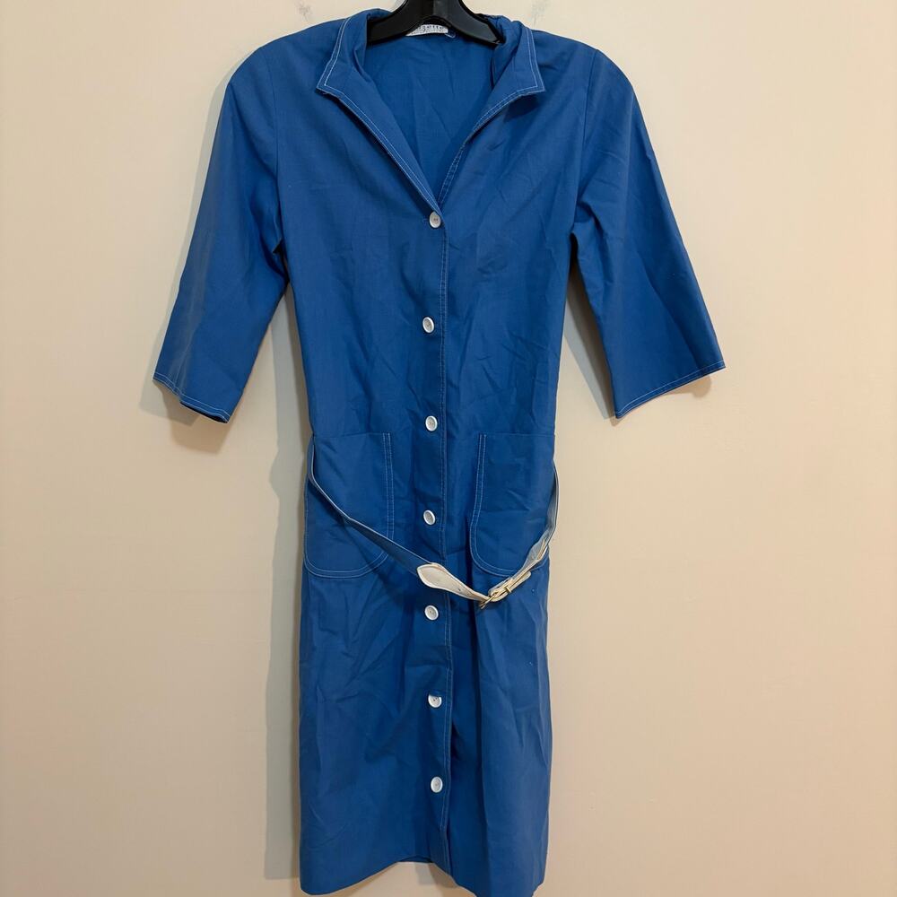Vintage Suzette International Shirt Dress Blue White Belted 70s Midi Collared